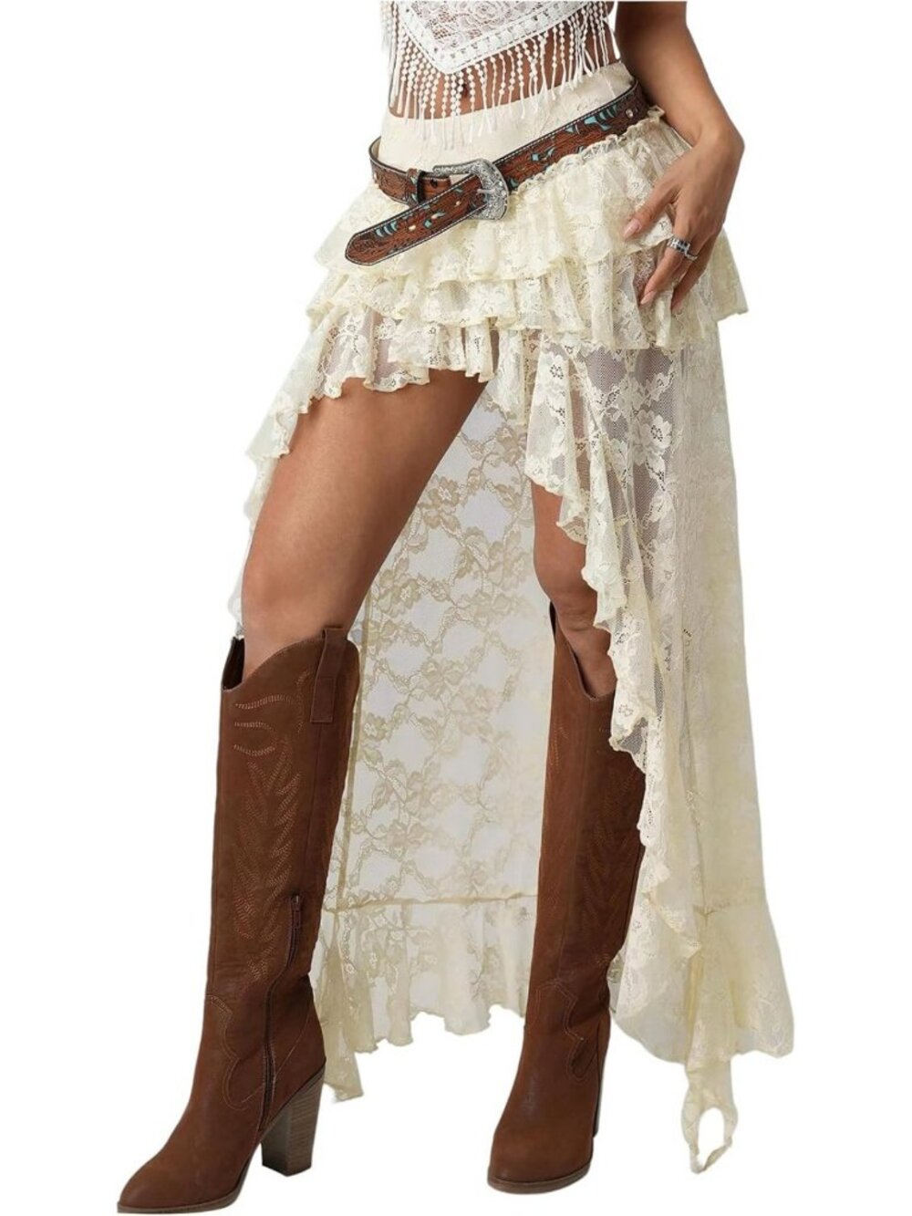 Boho Lace Maxi Skirt for Women | Ruffle Asymmetrical, Layered, Flowy Western